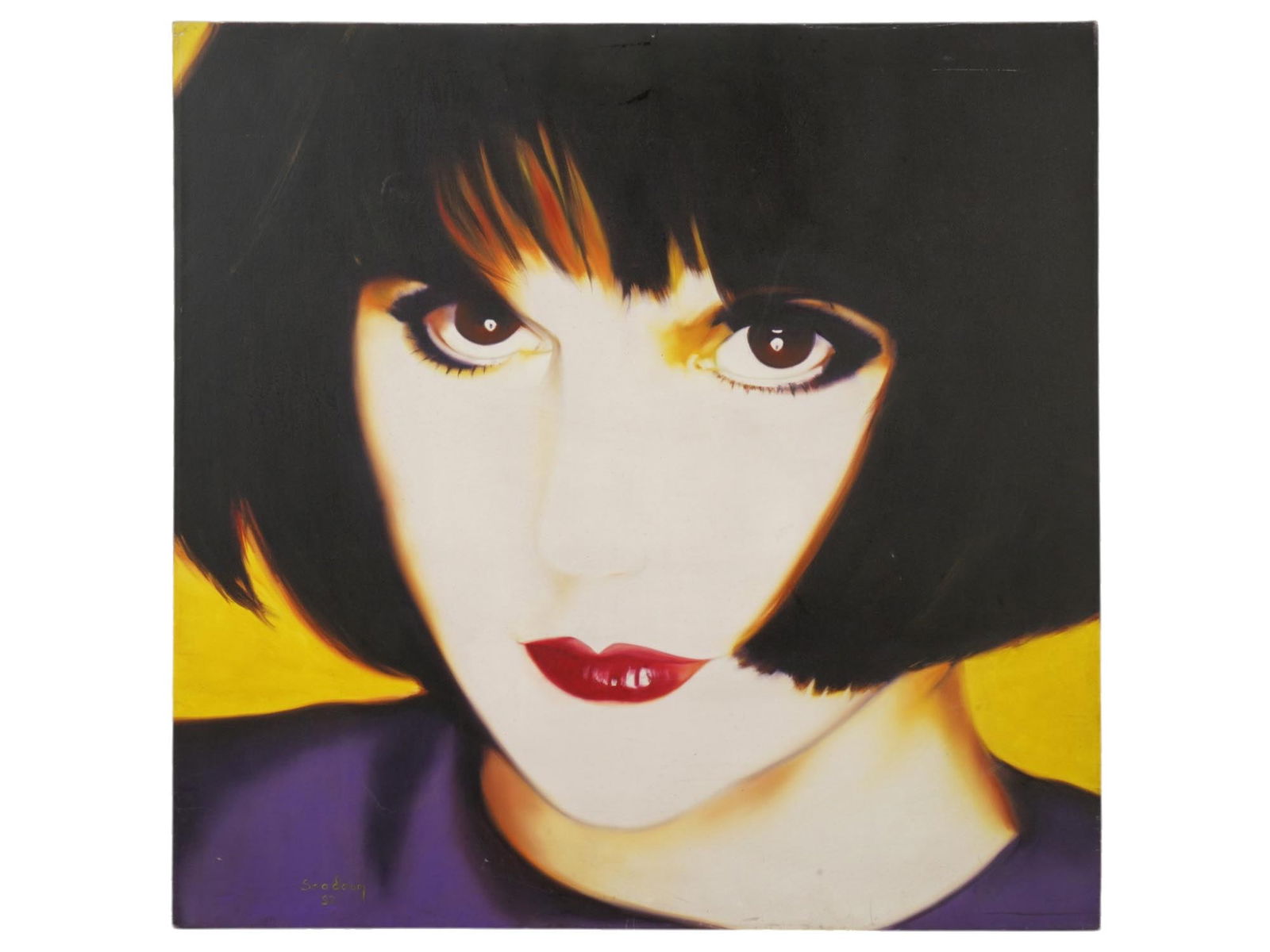 LINDA RONSTADT PORTRAIT OIL PAINTING BY SAADOUN 1992: A vintage, 1992, oil on canvas portrait painting by Saadoun. The painting depicts a portrait of Linda Maria Ronstadt, born in 1946, an American former singer and musician who has performed and recorde