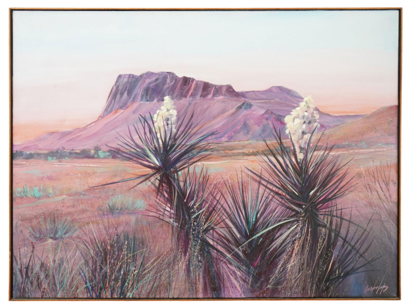 CONTEMPORARY OIL PAINTING BY CARLOS LOPEZ W APPRAISAL: Carlos Lopez, a Contemporary artist, an oil painting on canvas, Superstition Mountain. Signed lower right. Framed. Provenance: Night Line Gallery, San Pedro. Completed with a Specific Appraisal, Willi