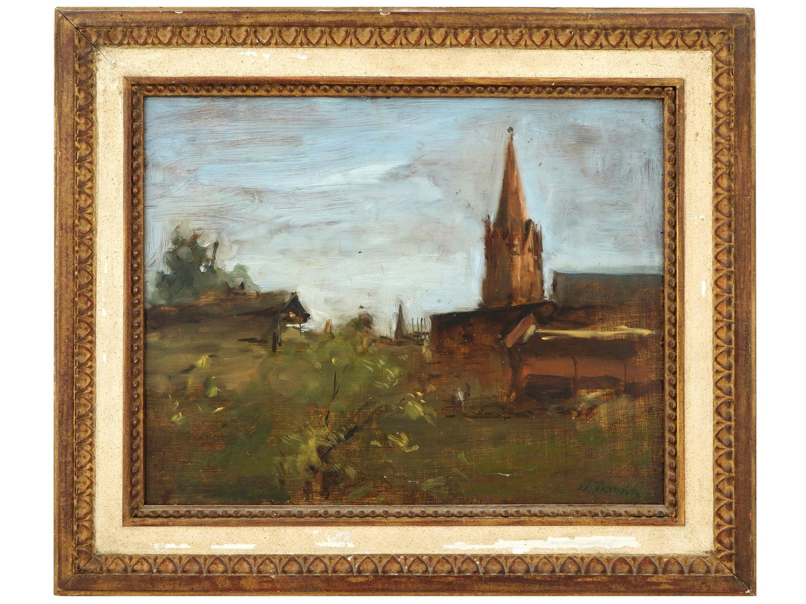 FRENCH LANDSCAPE OIL PAINTING BY CHARLES CAMOIN: Oil on board painting by Charles Camoin, 1879 to 1965, a French expressionist landscape painter associated with the Fauves. The artwork depicts a rural landscape with a church steeple. Signed by the a
