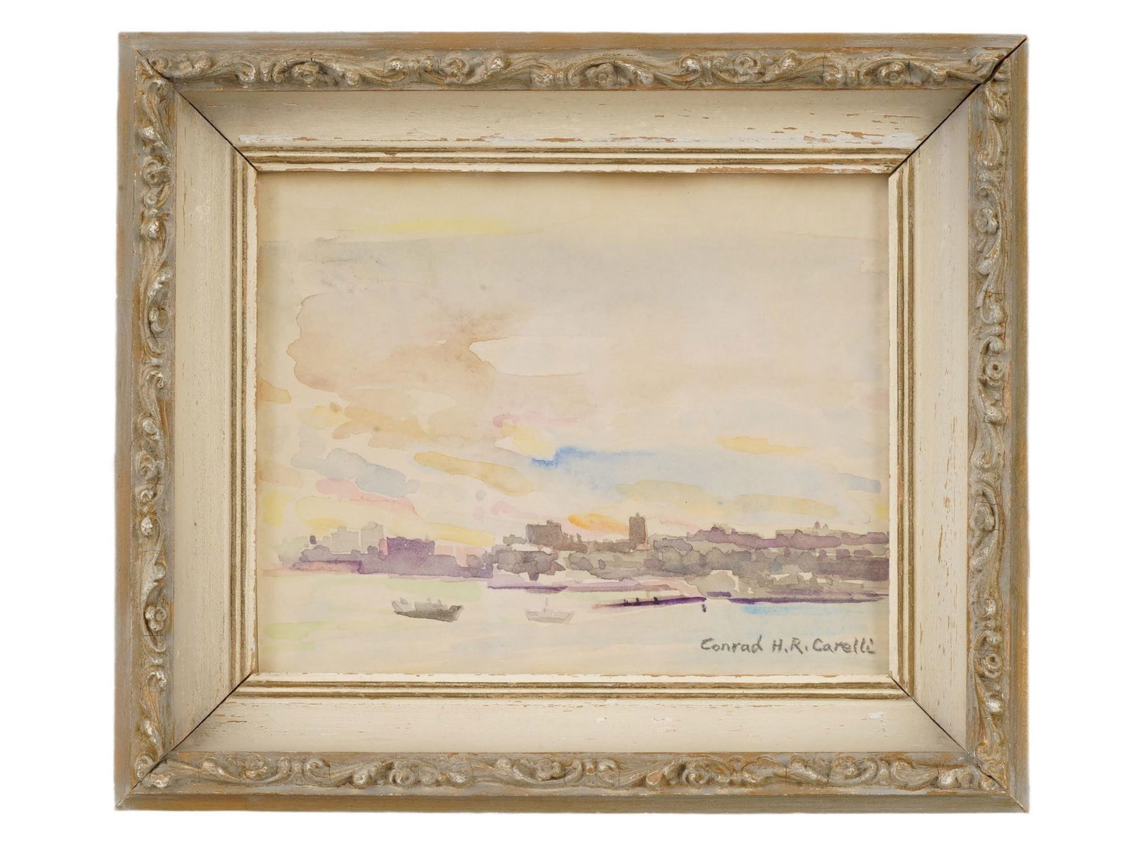 BRITISH WATERCOLOR PAINTING SIGNED CONRAD CARELLI: A watercolor painting on paper depicting a coastal view. Signed, Conrad H. R. Carelli, lower right. Framed. Conrad Hector Raphael Carelli, 1869 to 1956, was a renowned Italian born British watercolour