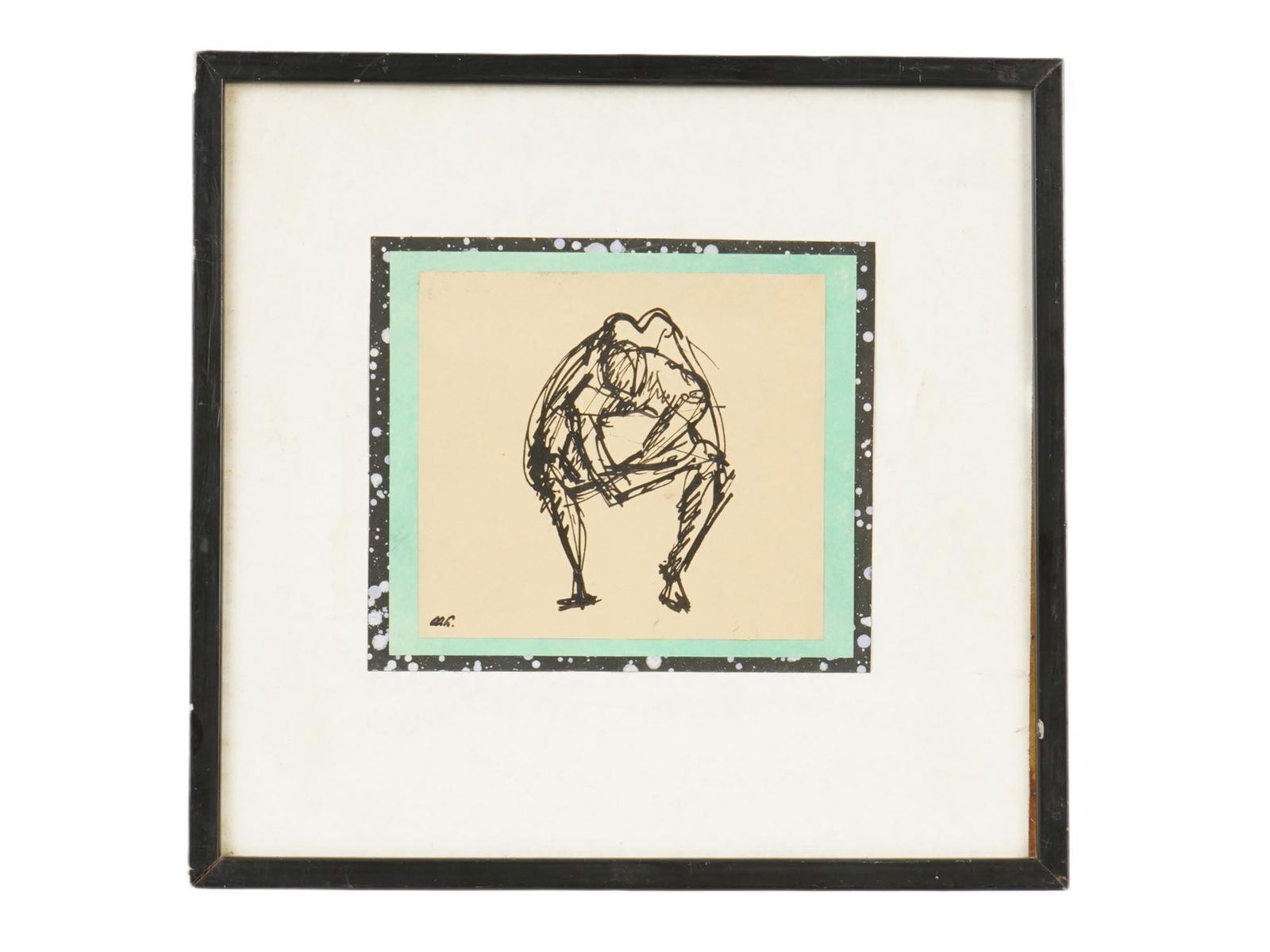 AMERICAN INK PAINTING BY WILLIAM HORACE LITTLEFIELD: William Bill Horace Littlefield, American, 1902 to 1969, an ink painting on paper depicting a Figurative composition. Signed with initials, lower left. Framed. Inscribed in the print, For his solo dan