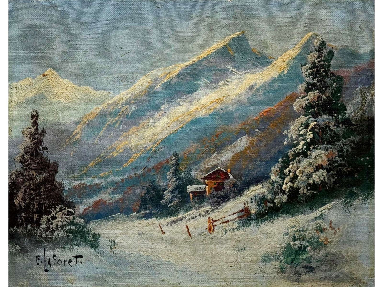 EUGENE LA FORET FRENCH PAINTING MOUNTAIN LANDSCAPE: Eugene La Foret, French, 1884 to 1955, an oil painting on canvas on board depicting a winter mountain landscape. Signed lower left. La Foret specialized in dramatic snowy landscapes. French Paintings