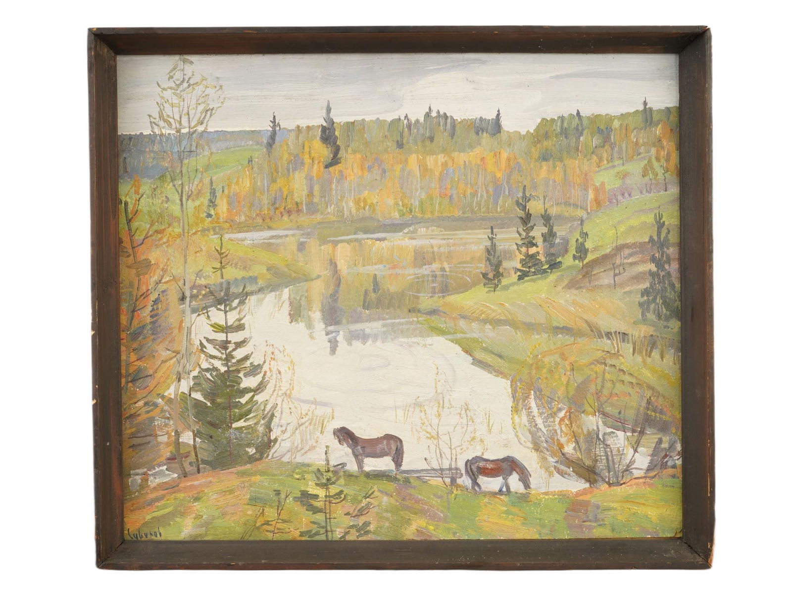 IGOR SUVOROV RUSSIAN LANDSCAPE PAINTING SILENCE 1988: Igor Suvorov, Russian, born 1932, an oil landscape painting on board, signed by artist lower left. This composition features two horses grazing peacefully in the foreground beside a reflective river