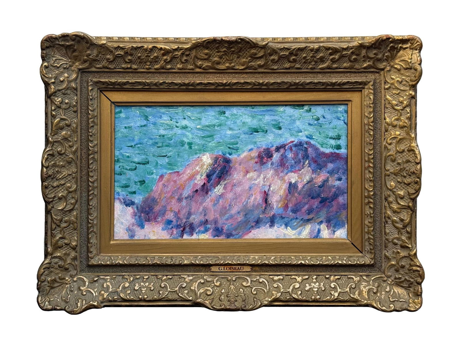 GUSTAVE LOISEAU FRENCH PAINTING ETUDE ROCKY LANDSCAPE: Gustave Loiseau, French, 1865 to 1935, Etude of the Rocky Landscape, oil painting on board, an impressionist coastal study depicting rugged cliffs set against a sea backdrop. The artists name appears