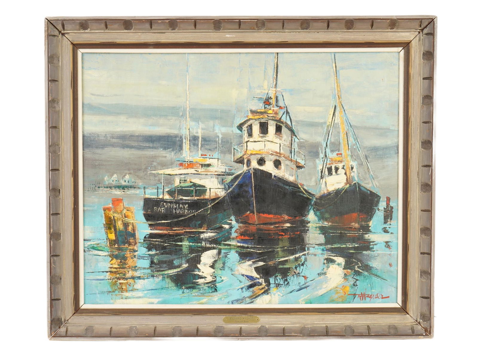 AMERICAN HARBOR SCENE OIL PAINTING SIGNED RICHARD WAGNER: An oil on canvas painting signed Richard Wagner. Framed. The painting depicts a harbor scene with three vessels, captured in an Impressionistic style. The central focus is a group of three boats at an
