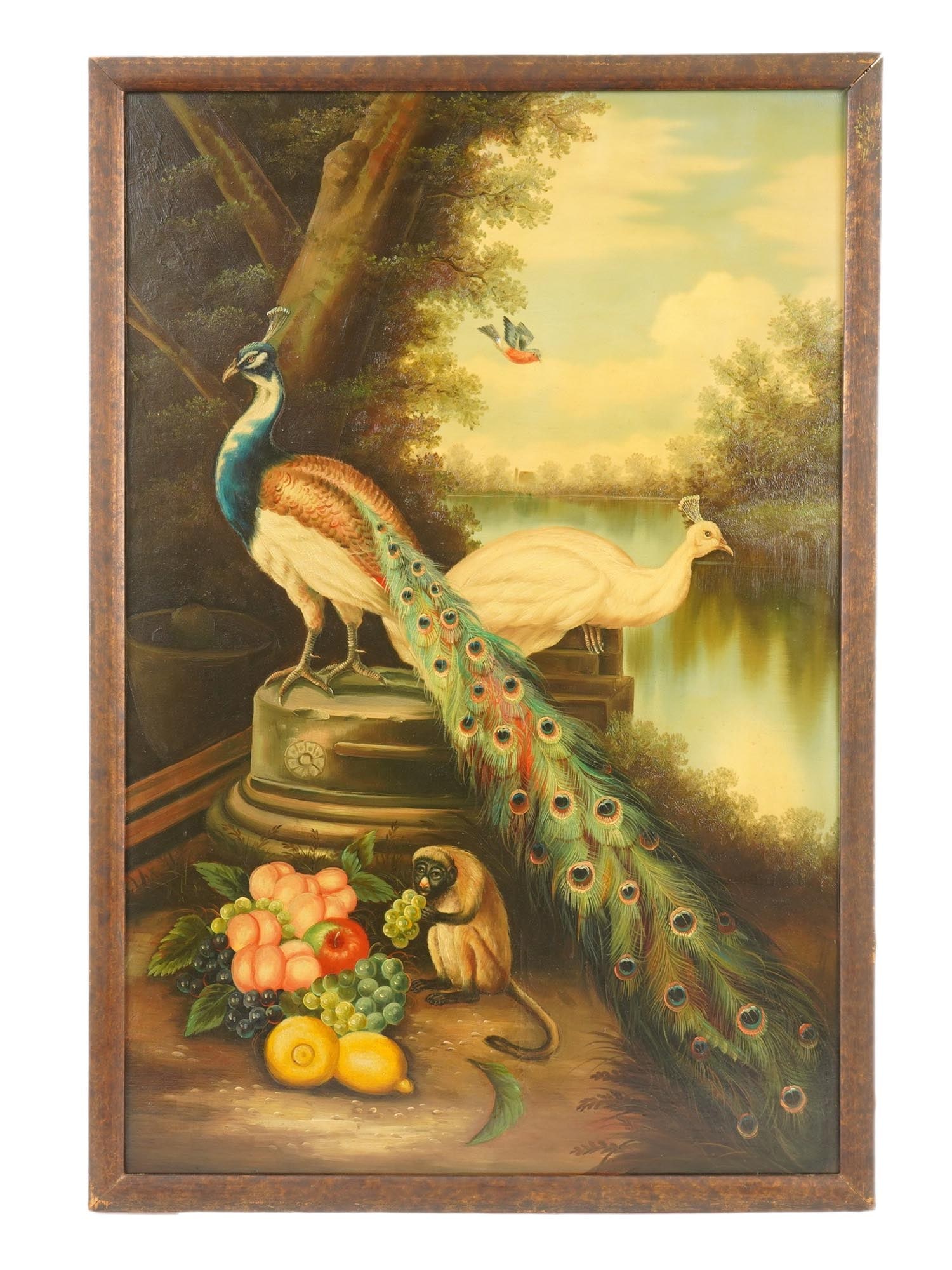 EUROPEAN OIL PAINTING PEACOCKS AND MONKEY IN THE GARDEN: A European oil painting on canvas depicting peacocks in the garden. The composition features two peacocks, including a rarer white peacock resting near a river landscape with a stone plinth. A small m