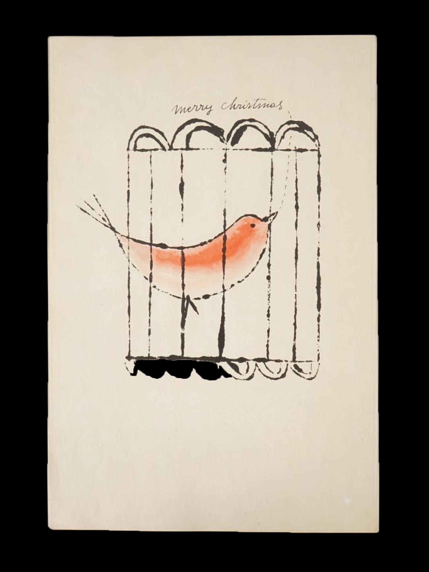 PAINTING IN THE MANNER OF ANDY WARHOL BIRD IN A CAGE: A mixed media painting on paper depicting a stylized bird in a cage with the handwritten greeting Merry Christmas executed in the manner of Andy Warhol and inspired by his 1956 Merry Christmas Bird de