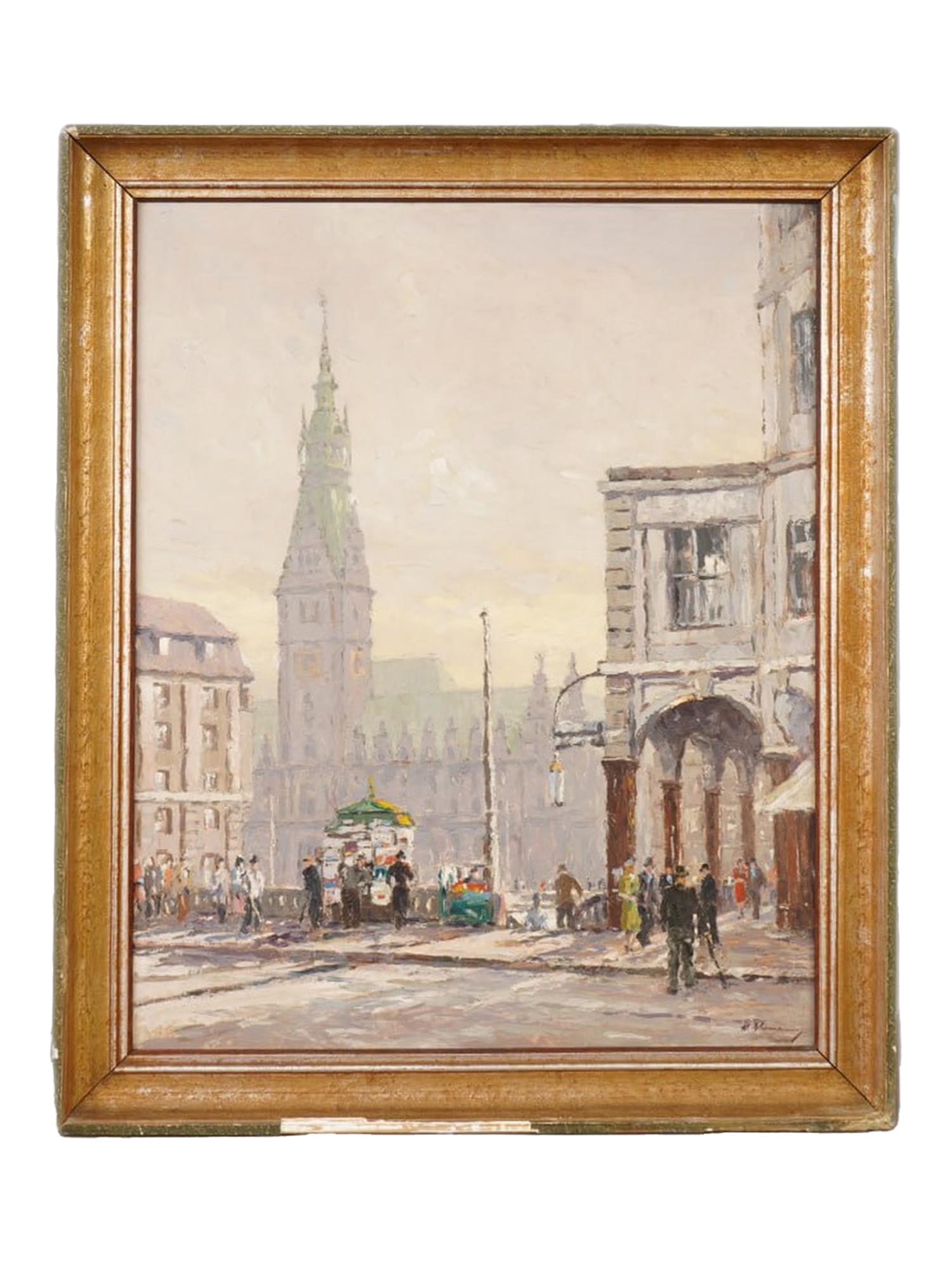 GERMAN PAINTING BY HANNES WIEMANN EUROPEAN STREET VIEW: An oil painting on board depicting a European street view by Hannes Wiemann, German, 1905 to 1986. Signed by the artist in the lower right corner. Framed. Mid Century German Paintings And European Cit