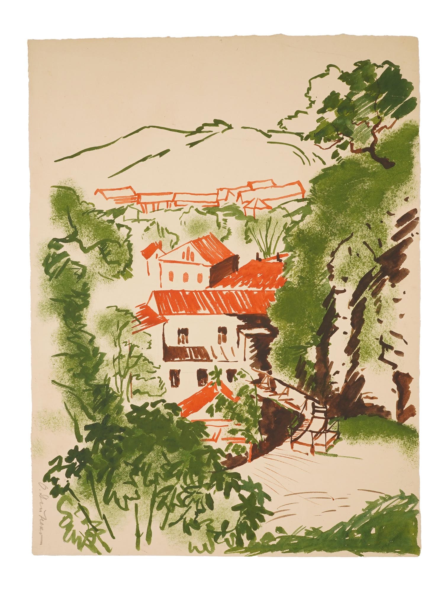 OLGA DEINEKO RUSSIAN LANDSCAPE GOUACHE PAINTING: Olga Deineko, Russian Soviet, 1897 to 1970, gouache painting on paper, depicting a landscape. Signed lower left. Additionally inscribed on the back side: Novy Afon. Power plant dam. Olga Deineko was a