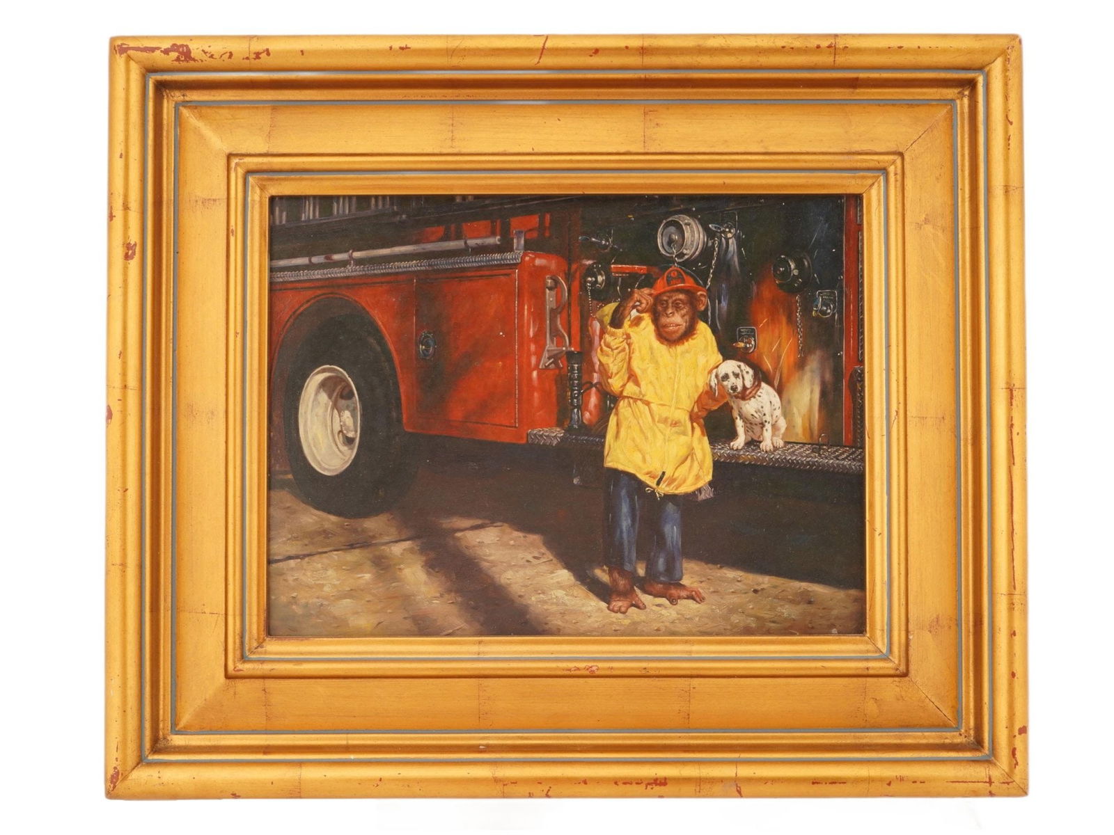 MODERNIST AMERICAN SCHOOL MONKEY DOG OIL PAINTING: A Modernist American School oil painting on board depicting a scene with a chimpanzee monkey dressed as a firefighter yellow coat, blue pants and red helmet next to a Dalmatian and a fire truck. Unsig