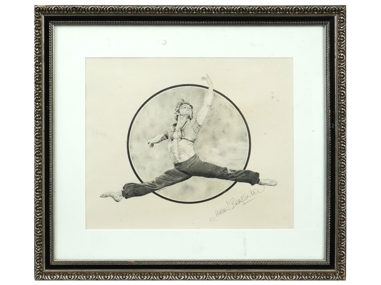 BALLET PENCIL PAINTING SIGNED BY MIKHAIL BARYSHNIKOV: A pencil painting on paper depicting a portrait of Mikhail Nikolayevich Baryshnikov, a Russian Soviet and American ballet dancer, by Walt Peterson, a Contemporary American artist. Signed, copyright, a
