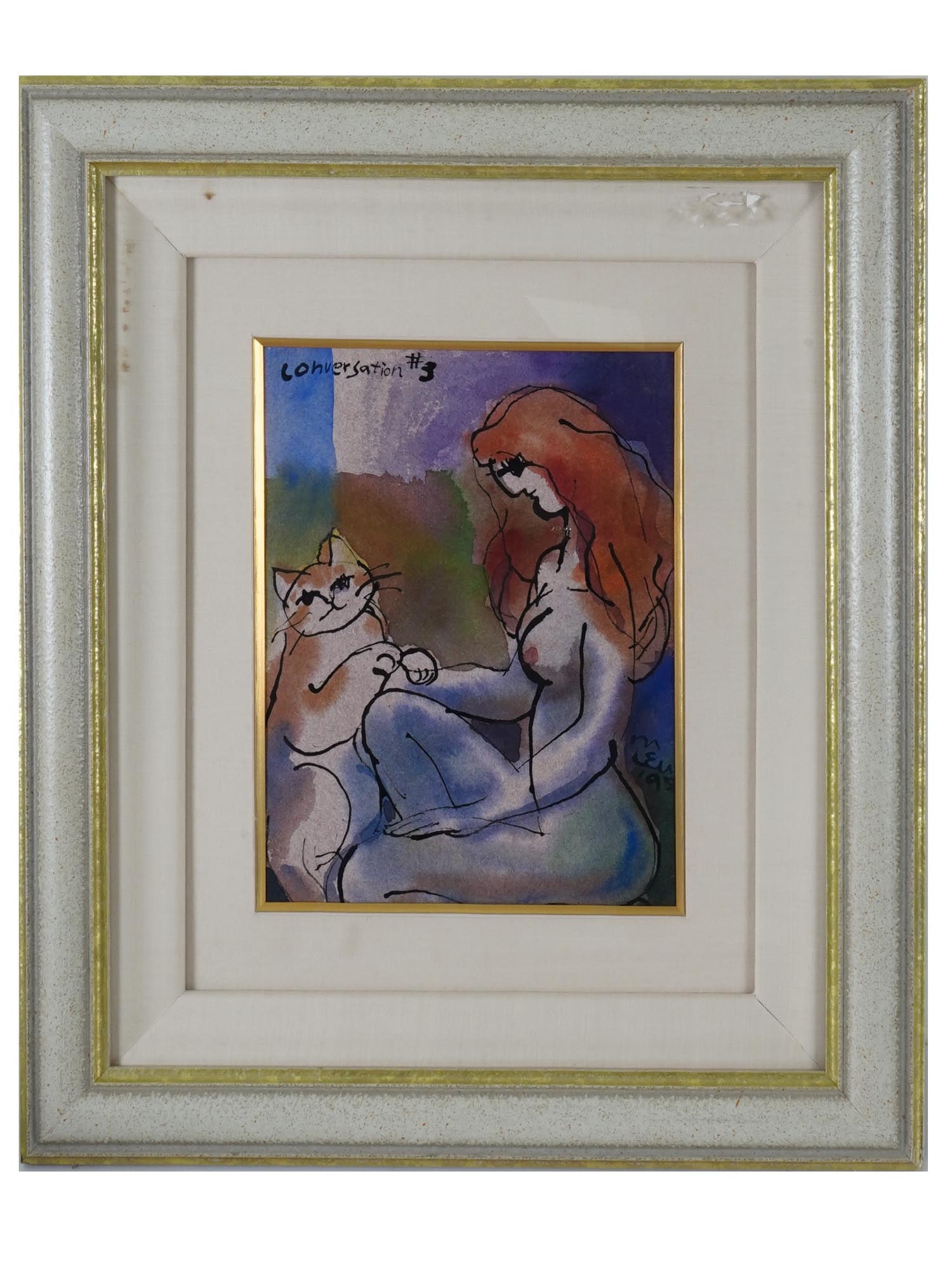 MICHAEL LEU AMERICAN MIXED MEDIA PAINTING: Watercolor and ink on paper painting by Michael Leu, born 1950, a Taiwanese-born American artist based in California. The artwork depicts a nude woman with a cat. Titled Conversations no. 3 in the upp