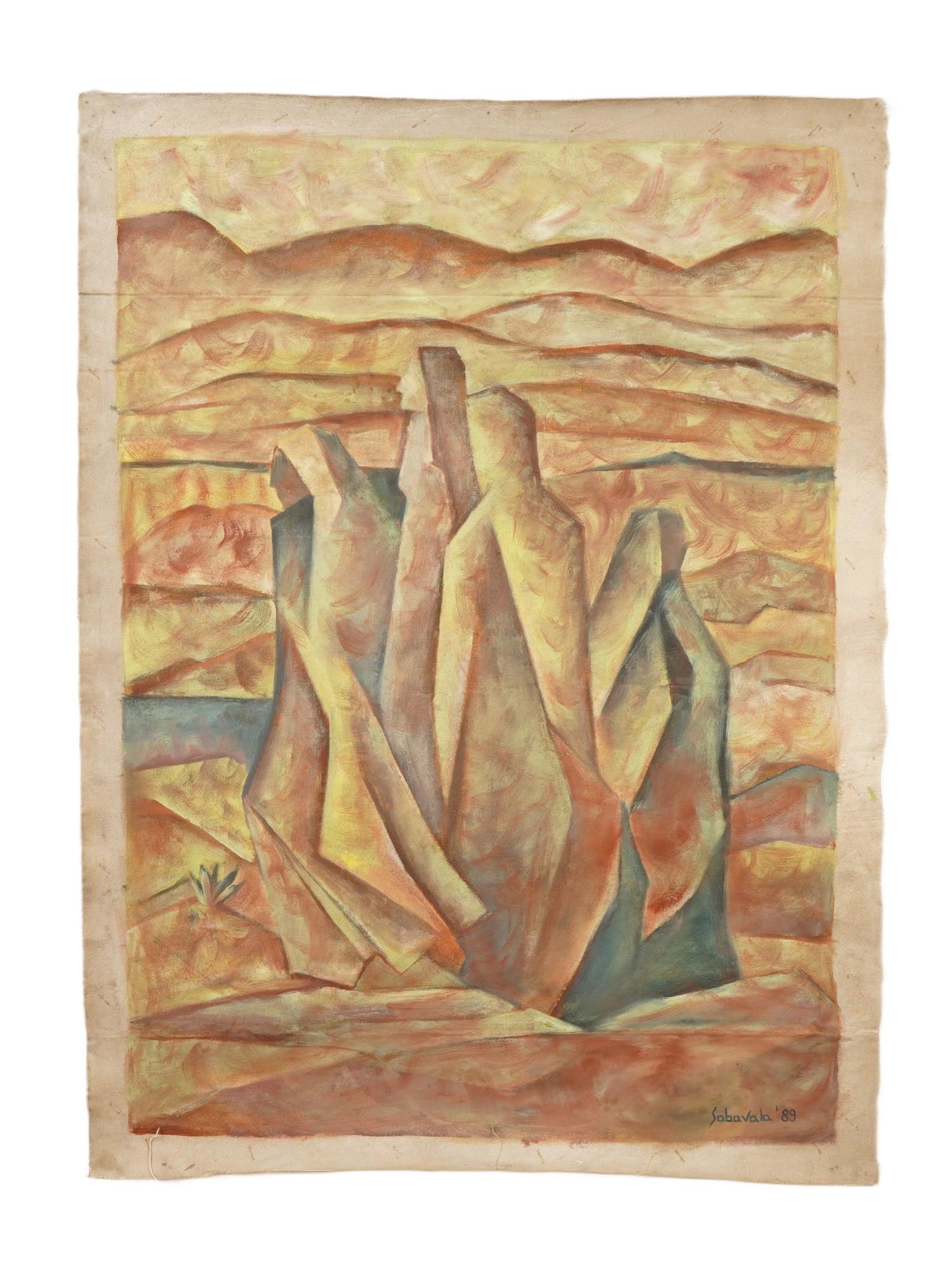 SIGNED SABAVALA INDIAN CUBIST OIL PAINTING 1989: An Indian Cubist oil on canvas painting. Signed Sabavala and dated 1989 lower right. The painting depicts several female figures against the backdrop of a deserted mountainous landscape. Jehangir Saba