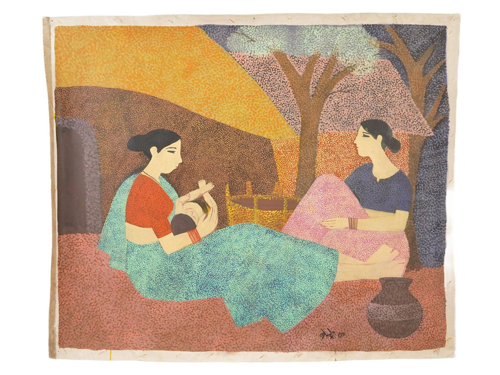 SIGNED N S BENDRE INDIAN GENRE SCENE OIL PAINTING: An Indian genre scene oil on canvas painting. Signed Bendre lower right. The painting depicts a genre scene with two women and a baby against a flat, semi-abstract landscape background. Narayan Shridh