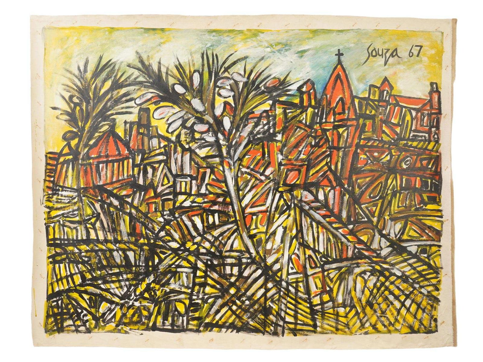 SIGNED SOUZA VINTAGE INDIAN ACRYLIC PAINTING 1967: A vintage Indian acrylic on canvas landscape painting. Signed upper right Souza and dated 1967. Francis Newton Souza, 1924 to 2002, was one of Indias most influential modern artists and a founding mem