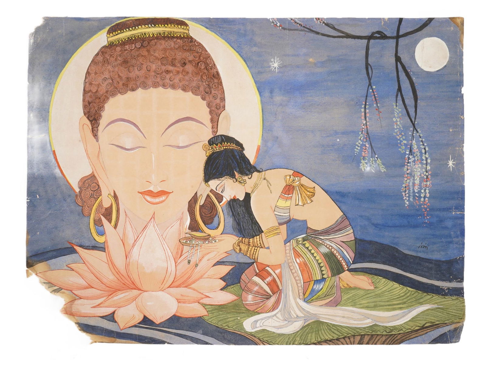 SIGNED NANDALAL BOSE MIXED MEDIA BUDDHA PAINTING (1 of 4)