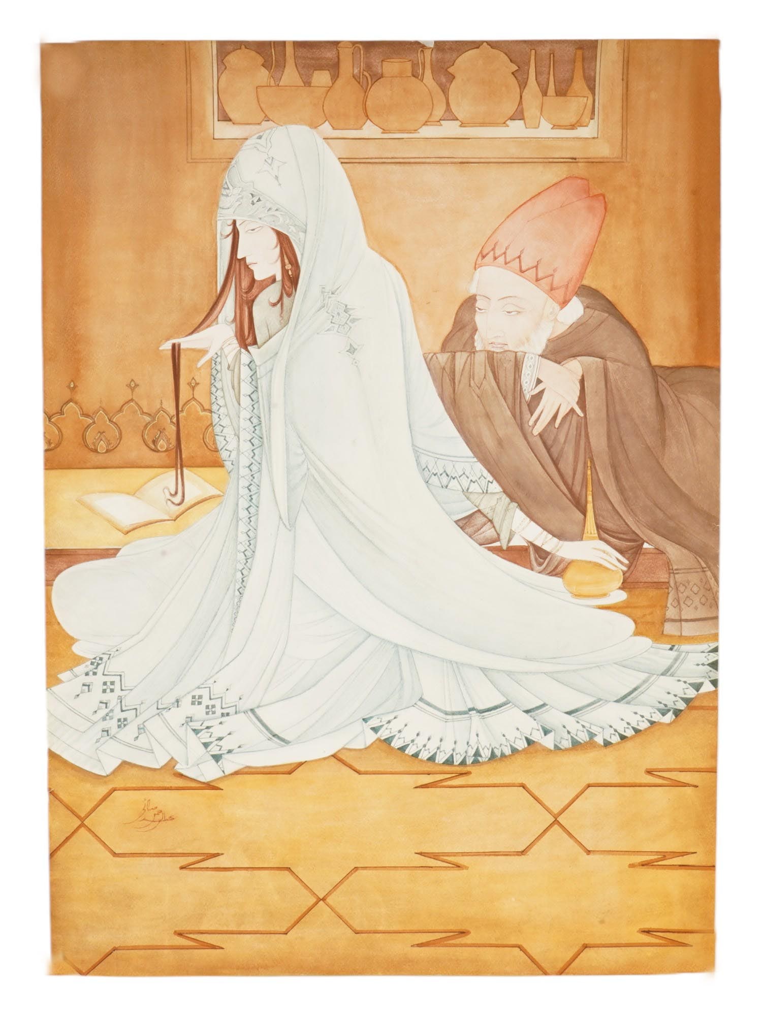 PAKISTANI WATERCOLOR PAINTING SIGNED ABDUR CHUGHTAI: Signed Abdur Rahman Chughtai, Pakistani, 1894 to 1975, watercolor painting on paper depicting a genre scene with a woman and a man made in a manner influenced by Indo Persian and Mughal art. Signed lo