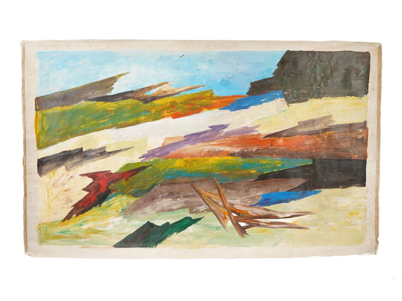 INDIAN EXPRESSIONIST OIL PAINTING SIGNED RAM KUMAR: An oil painting on canvas depicting an Expressionist landscape. Signed, Ram Kumar, and dated 85, on the backside. Born in 1924 in Simla, Ram Kumar was among Indias leading modernists. He studied Econo