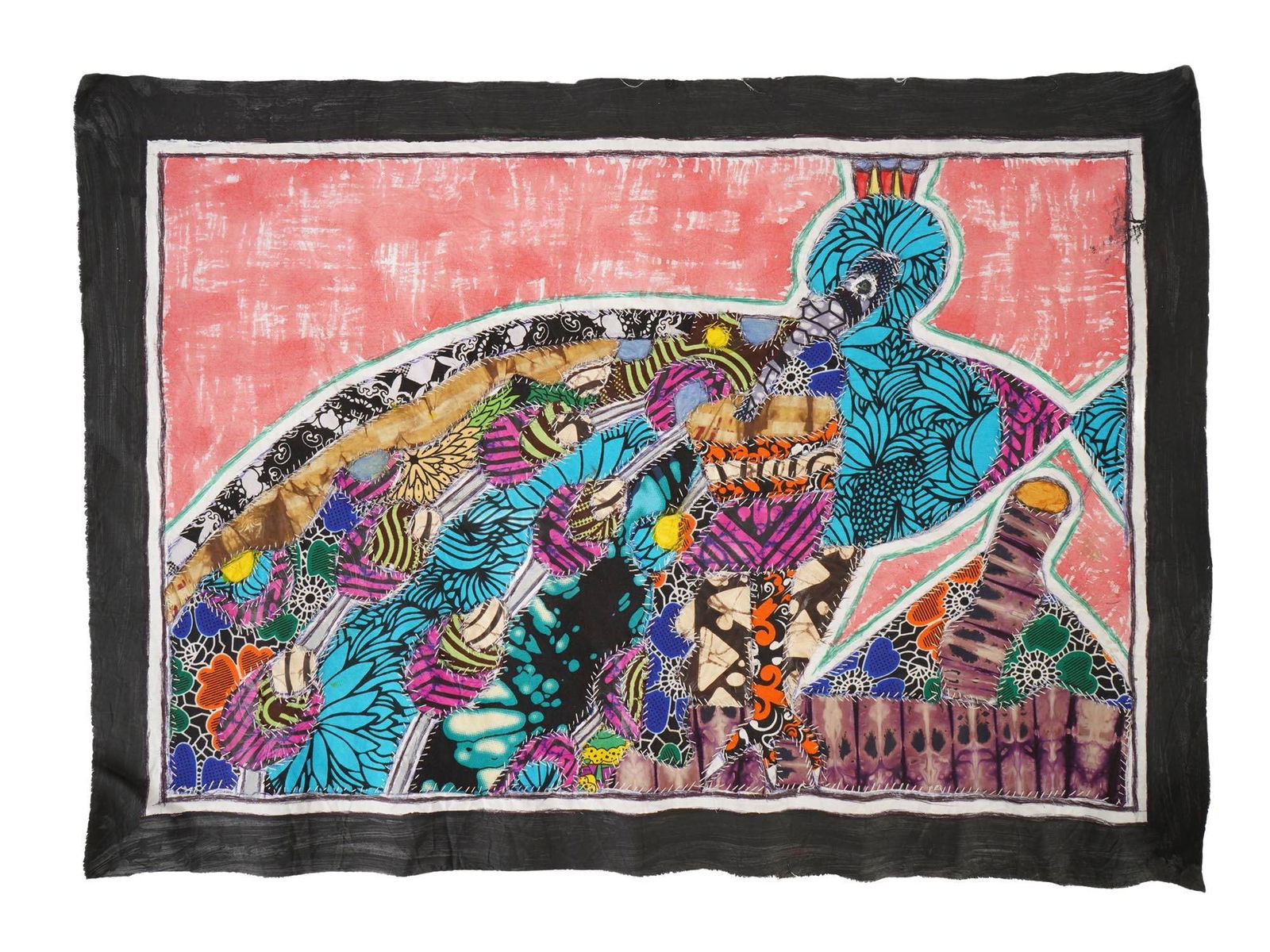 KAYODE BURAIMOH NIGERIAN STITCH FABRIC ARTWORK PEACOCK (1 of 5)