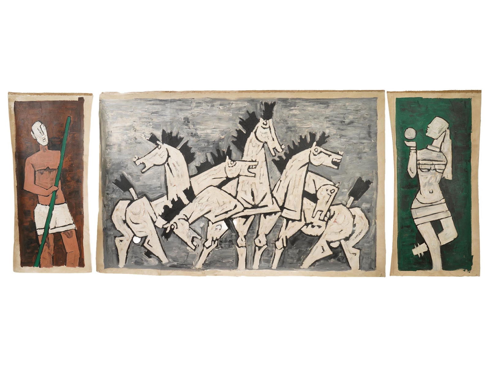 MID CENTURY INDIAN TRIPTYCH PAINTING SIGNED M.F. HUSAIN: A mid-century Indian school oil on canvas triptych signed M.F. Husain, featuring dynamic horses and human figures, a signature motif within the artists oeuvre, and accompanied by a certificate of auth