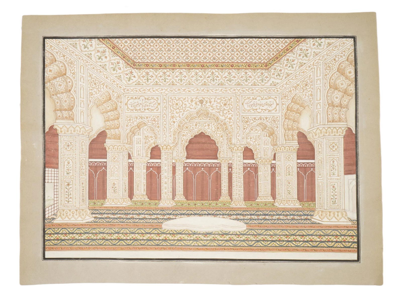 ANTIQUE INDIAN COMPANY SCHOOL WATERCOLOR PAINTING: An antique Indian Company School watercolor painting depicting the interior of the Diwan-i-Khas within the Red Fort, Delhi. The work captures the refined grandeur of the Hall of Private Audiences, com