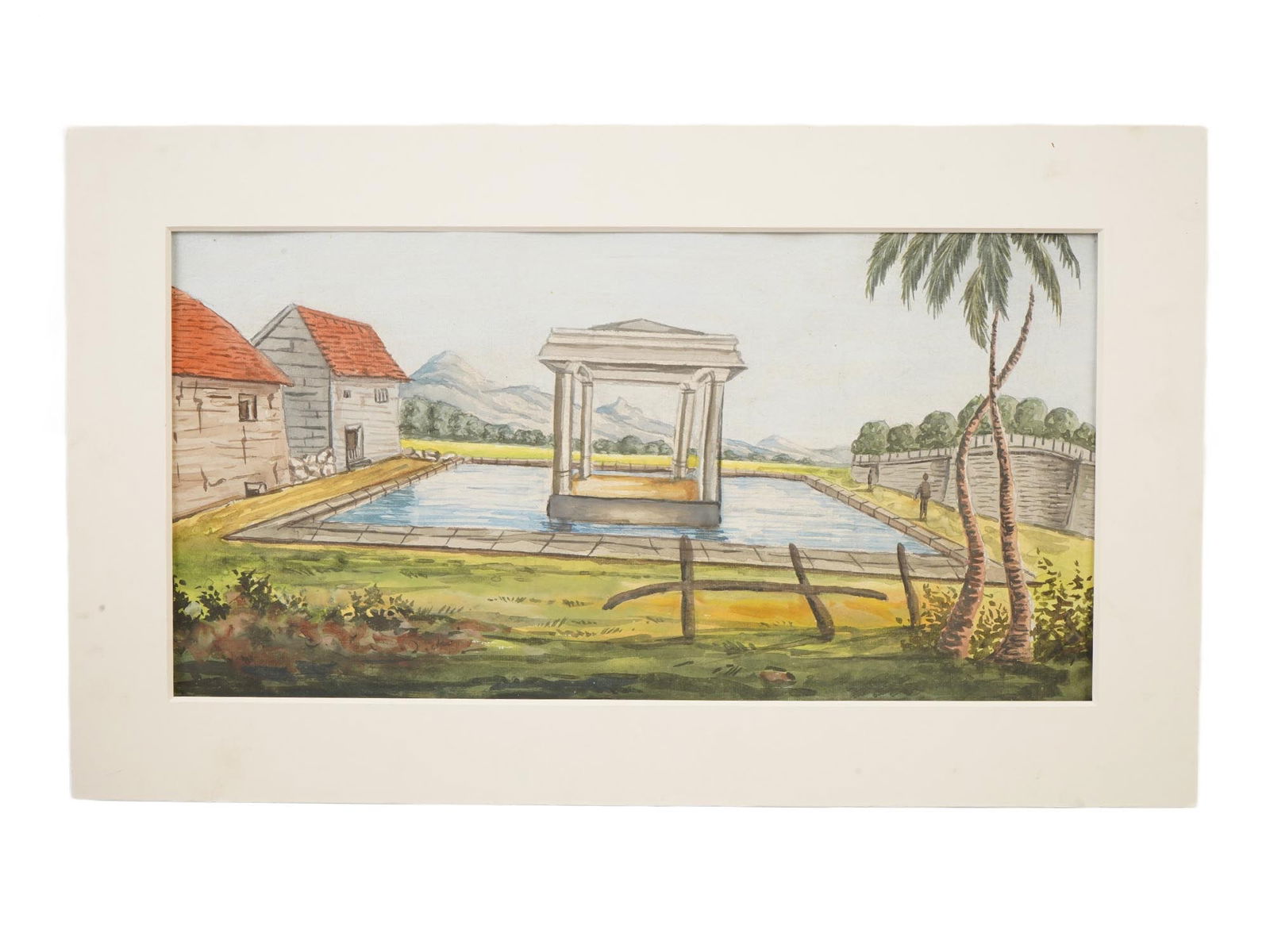 ANTIQUE INDIAN COMPANY SCHOOL RAMAYANA PAINTING: An antique Indian Company School Ramayana watercolor painting on paper, capturing a tranquil scene featuring a choultry, traditional rest house, and adjoining ceremonial tank, an architectural pairing