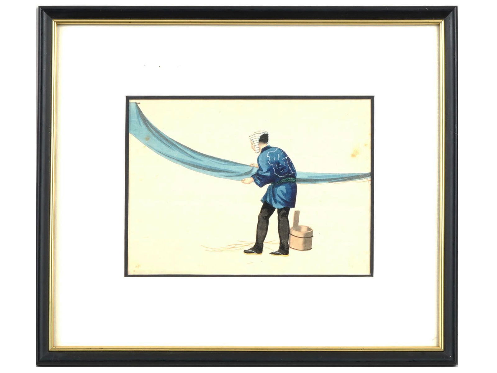 ANTIQUE CHINESE WATERCOLOR PAINTING ON RICE PAPER: An antique Chinese Qing dynasty watercolor painting on rice paper, depicting a beautifully detailed scene with a worker hanging a silk cloth dyed blue. Unsigned. Matted and framed. Circa the late 19th