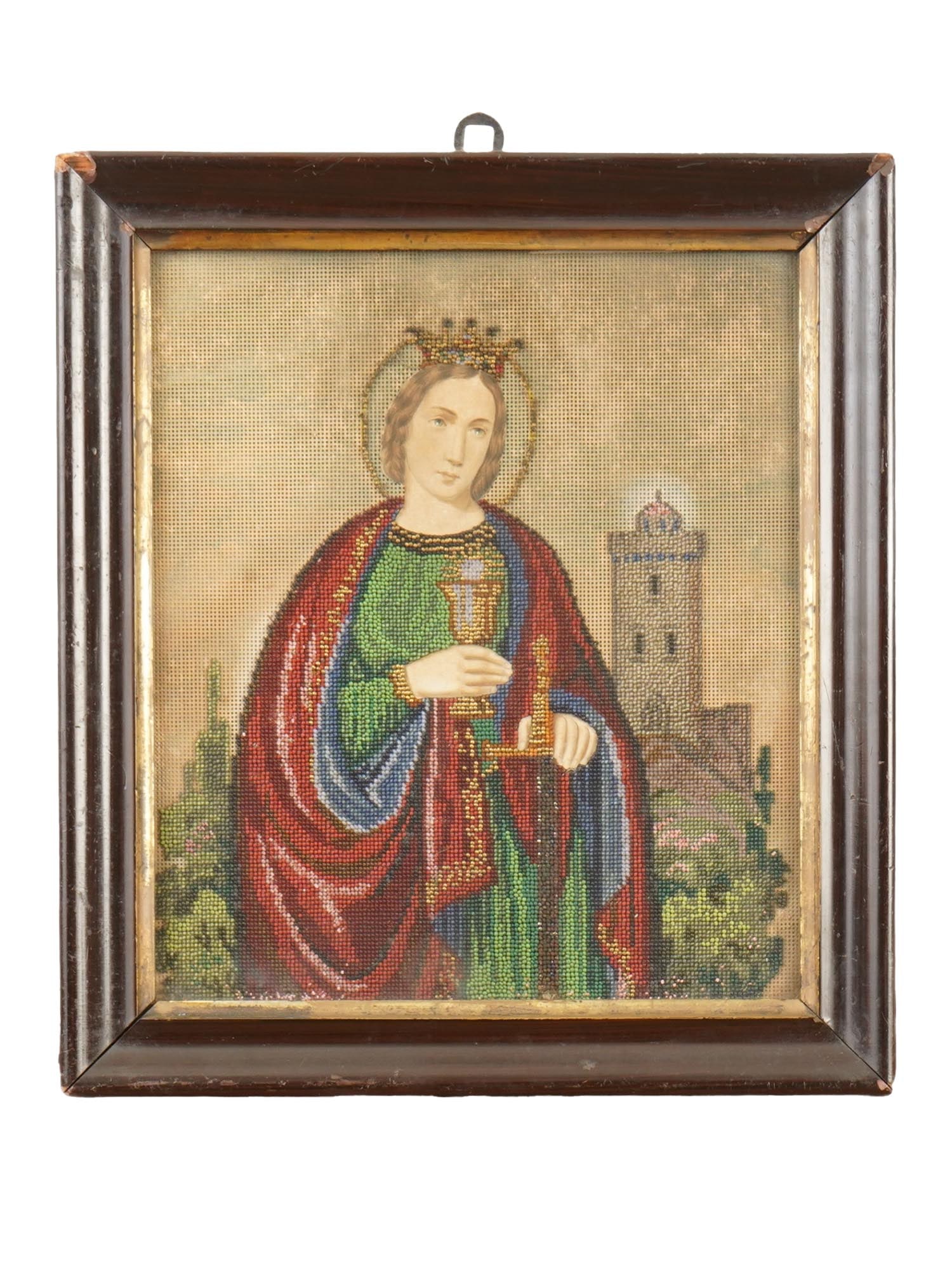 MIXED MEDIA BEADWORK PRINTED ICON OF SAINT BARBARA: A mixed media printed icon of the Holy Great Martyr Barbara, made using beadwork technique. Such icons are often hand made using beads on a fabric or canvas base with a printed design. Presented in a