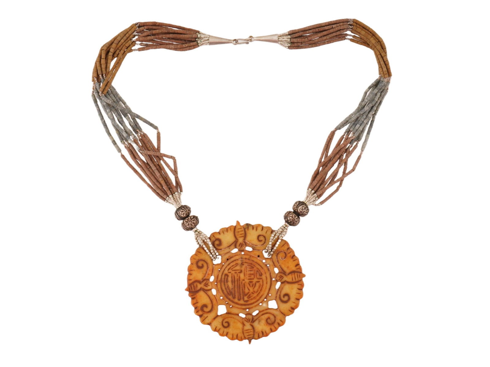 VINTAGE CHINESE BEADED NECKLACE WITH JADE PENDANT: A vintage multi-strand beaded necklace with a large carved beige jade pendant featuring Chinese Shou symbol and bat motifs. Oriental Asian Statement Jewelry And Accessories. THIS LOT IS ELIGIBLE FOR