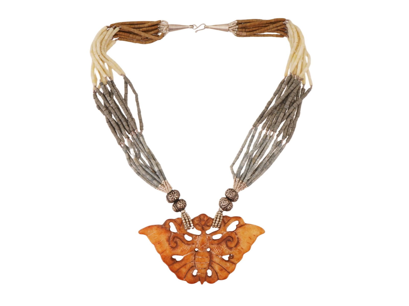 VINTAGE CHINESE BEADED NECKLACE WITH JADE PENDANT: A vintage multi-strand beaded necklace with a large carved beige jade pendant shaped as a bat. Oriental Asian Statement Jewelry And Accessories. THIS LOT IS ELIGIBLE FOR A 30-DAY UNCONDITIONAL