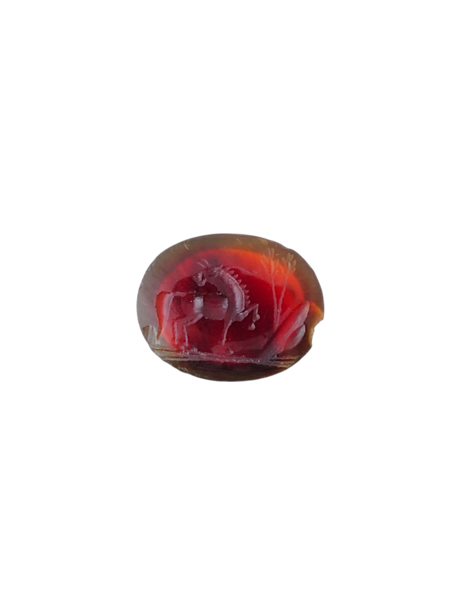 ANTIQUE CARVED CARNELIAN STONE INTAGLIO: An antique carved carnelian stone intaglio depicting an animal in an ancient manner. Such intaglios were used as personal seals, amulets, or decorative jewelry, showcasing the Romans appreciation for