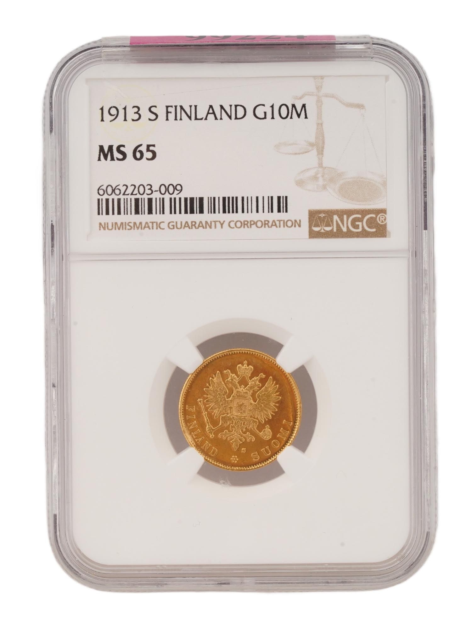 1913 RUSSIAN S FINLAND G10M MS 65 GRADED NGC GOLD COIN: A 1913 Finnish 10 Markka gold coin with the letter S, issued during the period of the Grand Duchy of Finlands incorporation into the Russian Empire under Nicholas II. It is certified by the