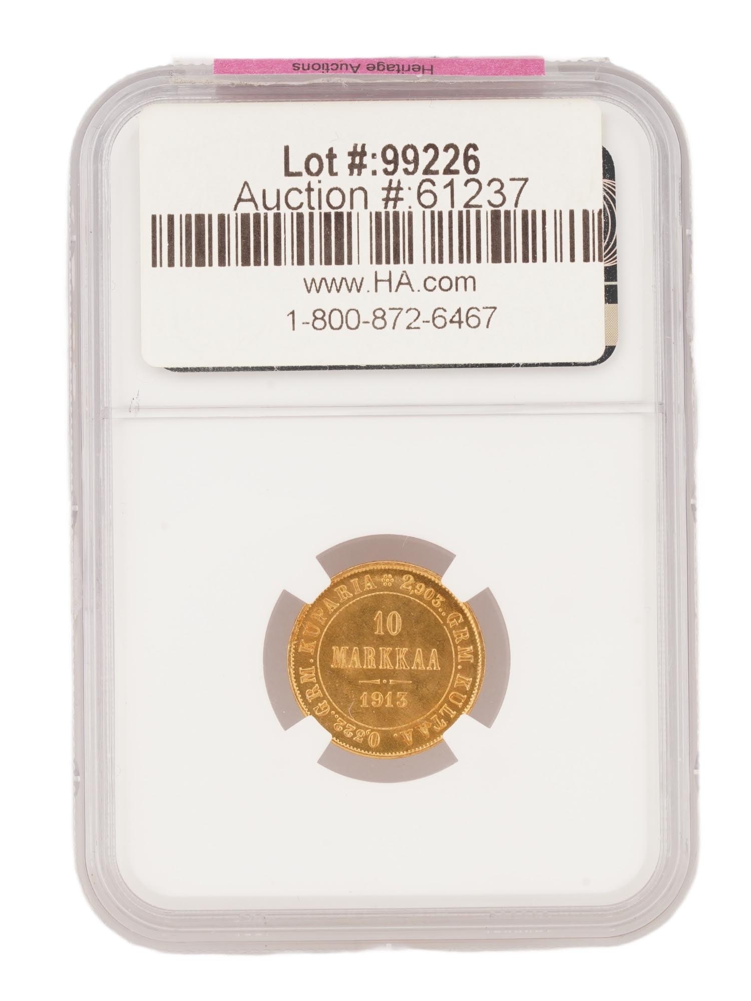 1913 RUSSIAN S FINLAND G10M MS 65 GRADED NGC GOLD COIN: A 1913 Finnish 10 Markka gold coin with the letter S, issued during the period of the Grand Duchy of Finlands incorporation into the Russian Empire under Nicholas II. It is certified by the
