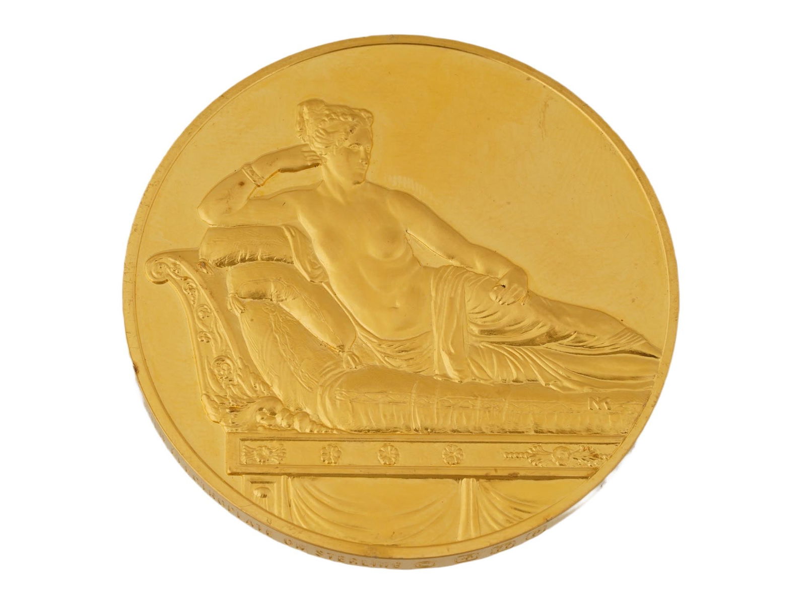24K GOLD PLATED SILVER PAULINE BORGHESE AS VENUS MEDAL: A vintage Franklin Mints 24k gold plated silver medal. The medal depicts nude sculpture by Antonio Canova Pauline Borghese as Venus, 1808. Fully marked on the rim. American Silver and Gold Coins,