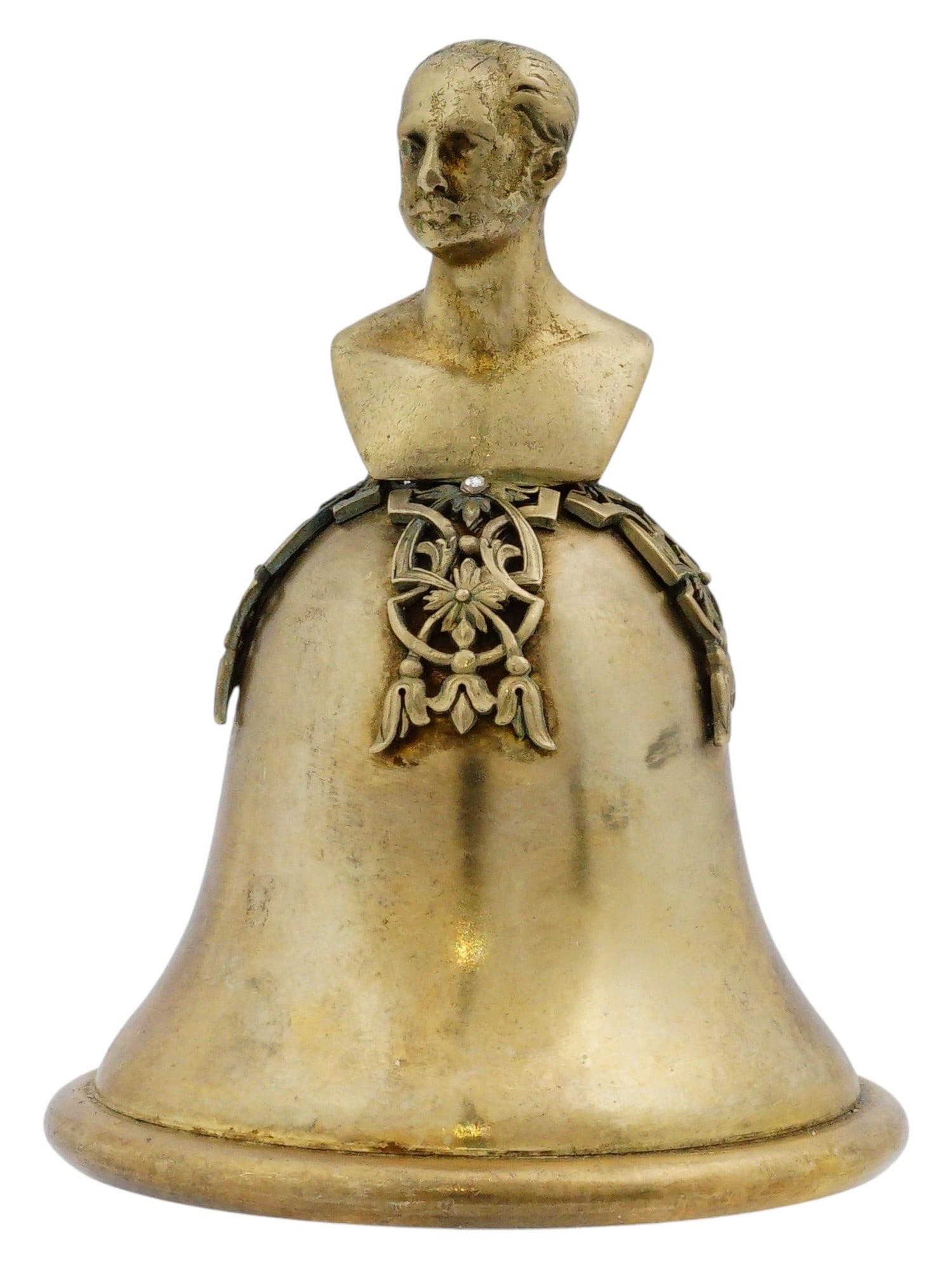 RUSSIAN SILVER FIGURAL TABLE BELL WITH A BUST HANDLE: A Russian silver figural table bell modeled in the popular bust-handle form associated with collectible historical figure series. The handle is cast as the sculpted bust of a male figure, while the
