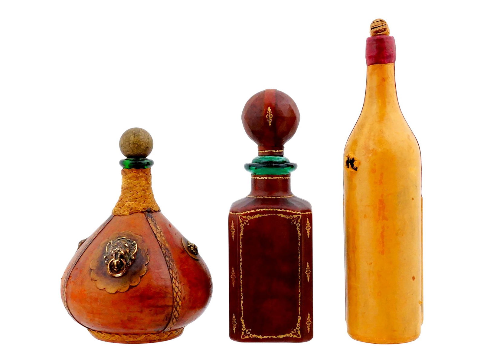 LOT OF HAND MADE LEATHER AND BRONZE COVERED DECANTERS (1 of 14)