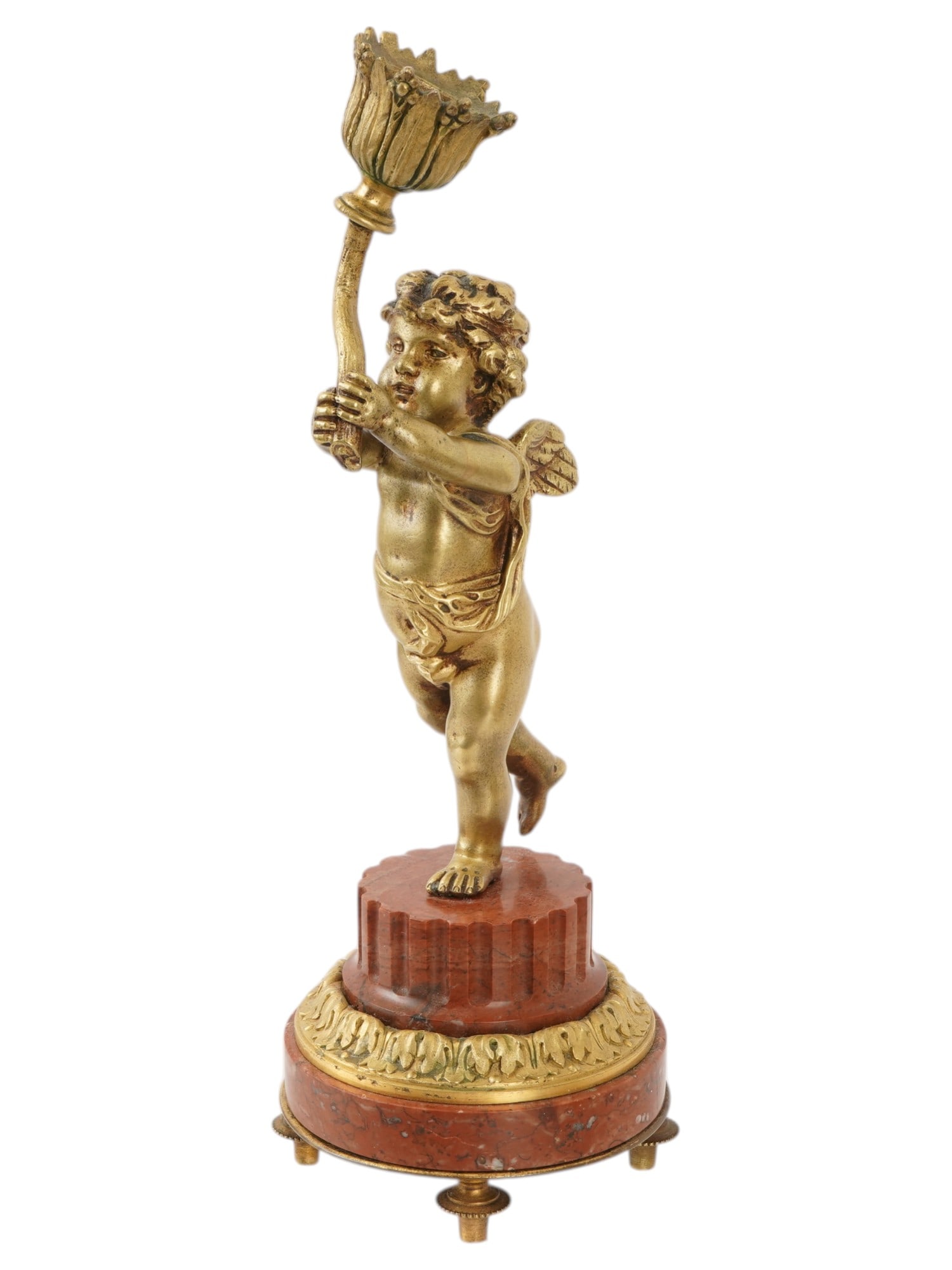 ANTIQUE 19TH CEN FRENCH GILT BRONZE CHERUB CANDLESTICK: An antique 19th century French gilt bronze cherub candlestick. The central figure is a stunning bronze cherub. The cherub holds aloft a tulip-shaped candlestick. The statue is raised on a carved,