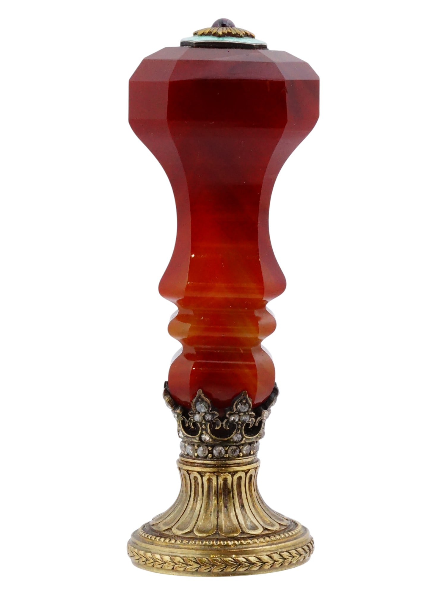 JEWELED CARVED AGATE AND BRONZE SEAL STAMP: An antique carved agate and bronze seal stamp. The handle of the seal is made of polished, carved agate. The bronze lower part is decorated with crown and wreath motifs. The stamp is set with