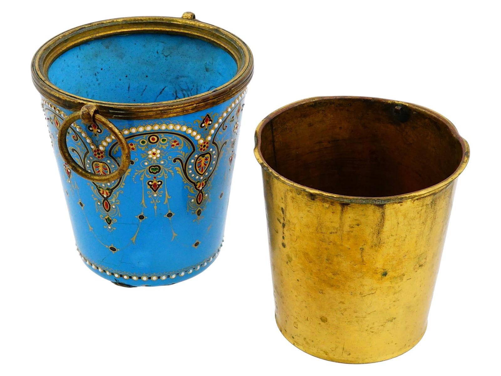 FRENCH NAPOLEON III LIMOGES ENAMELED CACHEPOT: A miniature French Limoges enameled cachepot in the style of Napoleon III. The bucket-like flowerpot has two ring-shaped handles on the sides and a removable gold-tone metal interior part. Decorated