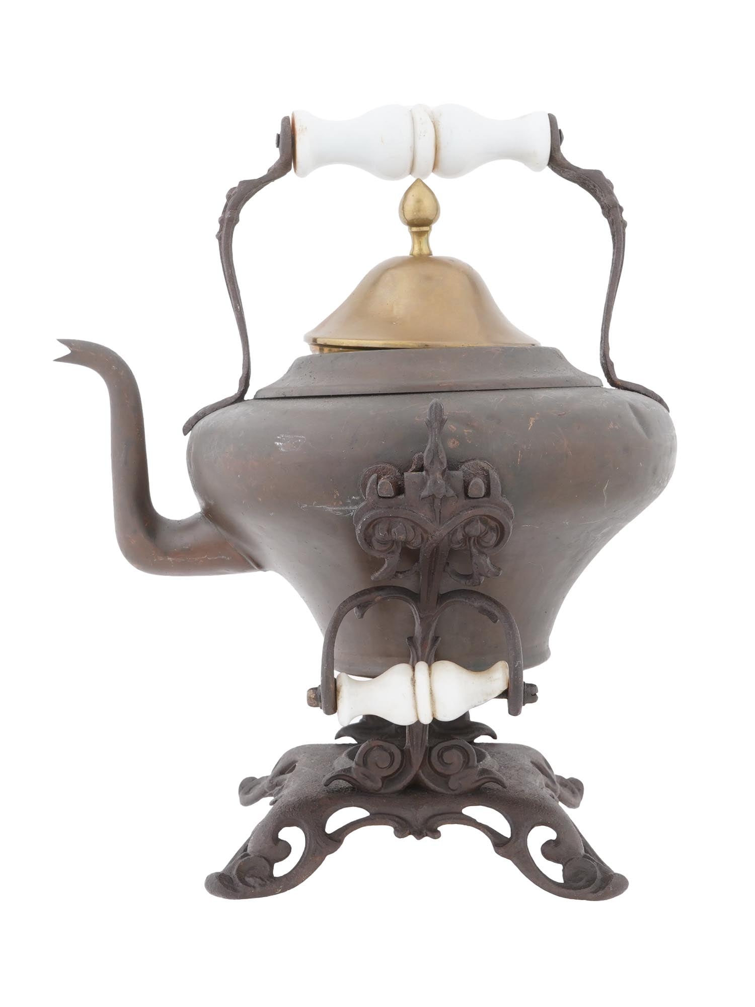 ANTIQUE EUROPEAN VICTORIAN KETTLE W PORCELAIN HANDLES (1 of 11)