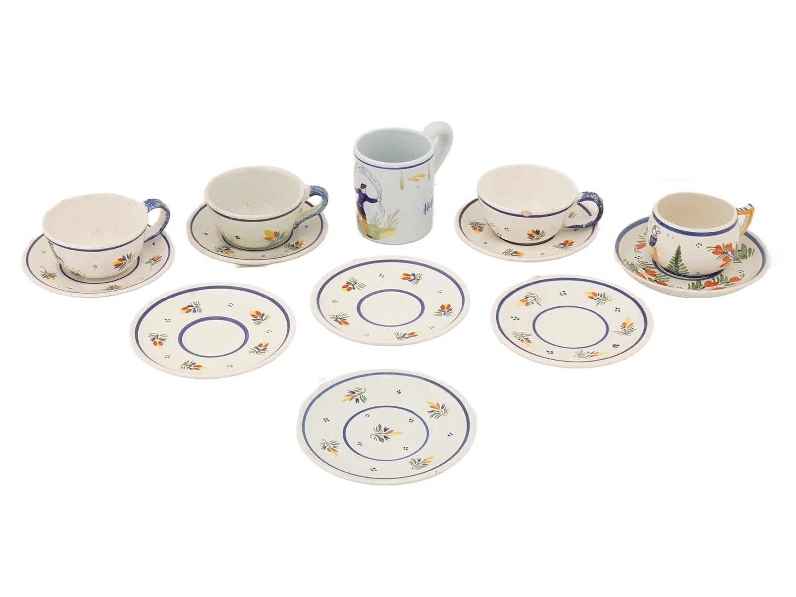 VTG SET OF FRENCH QUIMPER CERAMIC TEACUPS AND SAUCERS: A vintage set of Quimper ceramic teacups and saucers is a classic example of French faience, handcrafted in the town of Quimper, Brittany. This style is famous for its Quimper paint touch, vibrant,