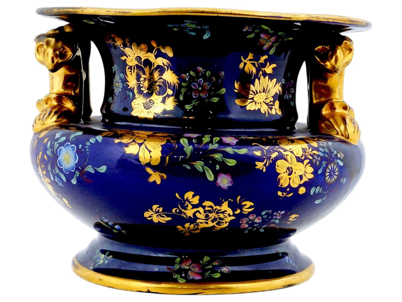 ANTIQUE ENGLISH MASONS PATENT IRONSTONE CHINA VASE: An antique English Masons Patent Ironstone China vase dating to the Regency era, the early 19th century. Distinguished by its rich mazarine blue glaze accented with elaborate hand-painted gilt
