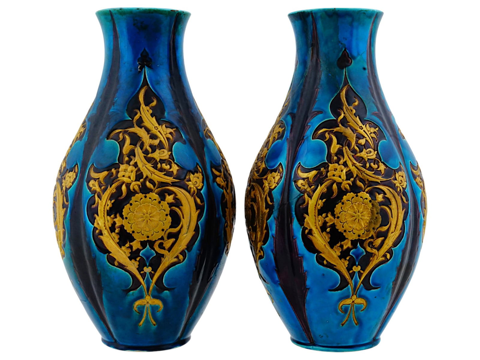 PAIR J VIEILLARD BORDEAUX FRENCH FAIENCE VASES: A striking pair of antique French faience vases by J. Vieillard & Co. of Bordeaux, dating to the late 19th century. The baluster-form vases showcase a vibrant turquoise blue glazed ground,