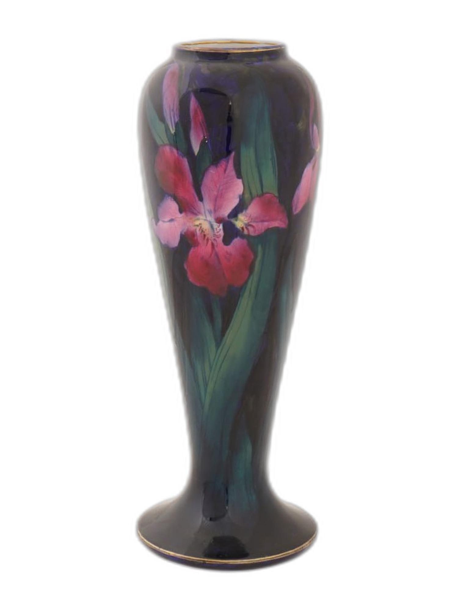 ANTIQUE ENGLISH IMPERIAL ROUGE ART NOUVEAU CERAMIC VASE: An antique English Art Nouveau ceramic vase by Imperial Rouge George Jones and Sons, of Trent Pottery, Staffordshire. Circa the late 19th Century. The elegant baluster-shaped vase with a wide bottom
