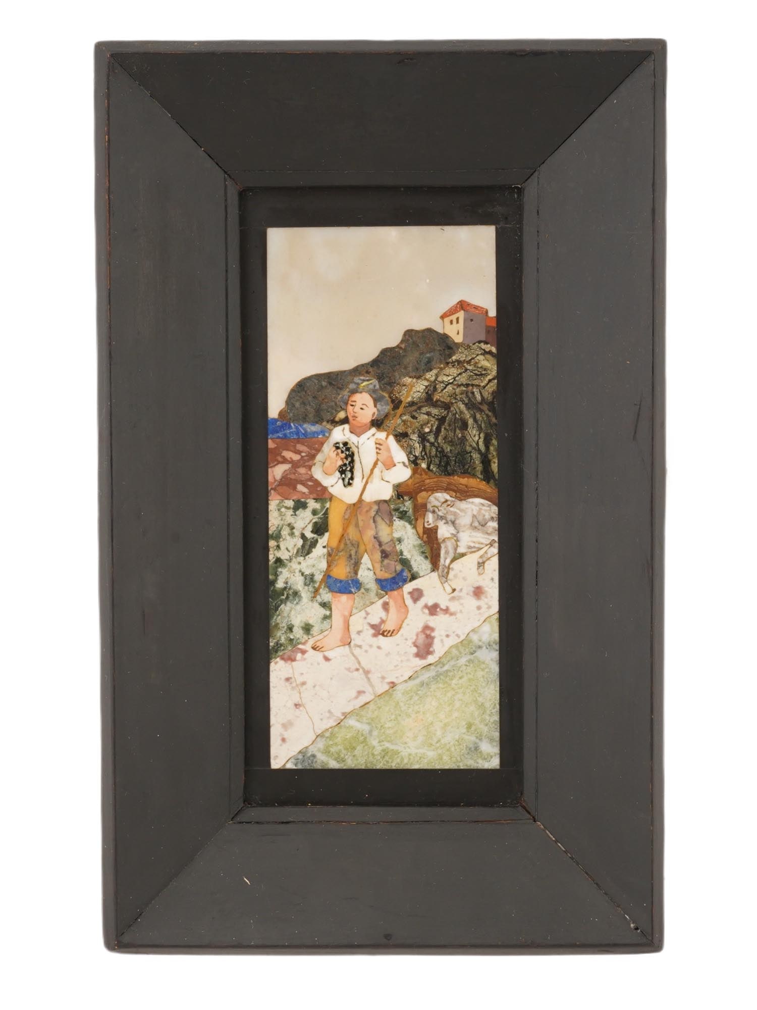 VINTAGE ITALIAN PIETRA DURA STONE MOSAIC ARTWORK: A vintage Italian hand made stone mosaic artwork made in the pietra dura technique using assorted stones. The artwork depicts a genre scene with a shepherd boy. Framed. Circa: the first half of the