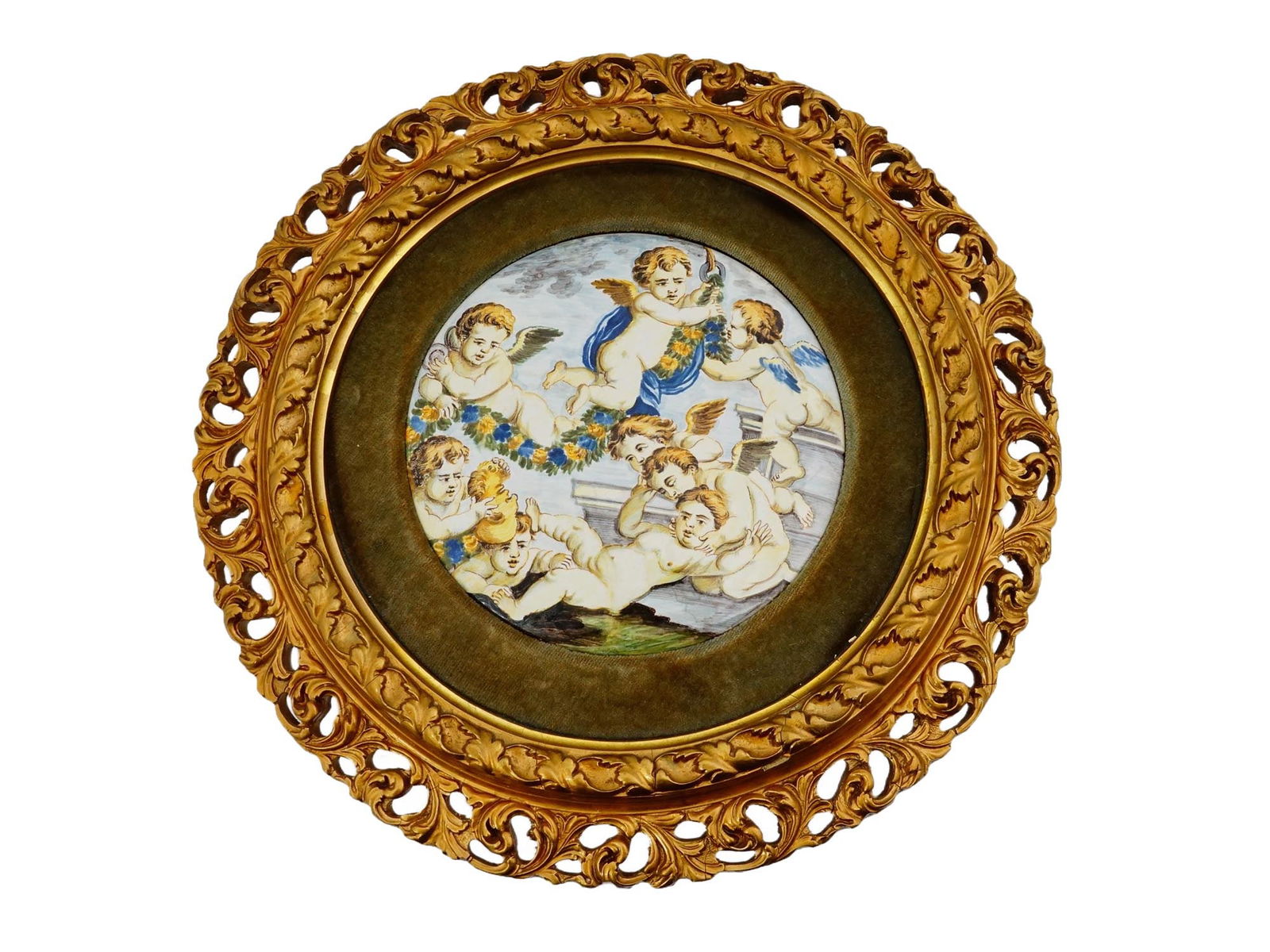 ANTIQUE ITALIAN CASTELLI MAJOLICA GLAZE CERAMIC PLATE: An antique Italian majolica glazed ceramic plate or dish made in Castelli. The center of the composition depicts a mythological or allegorical scene featuring a group of putti angels. The piece is