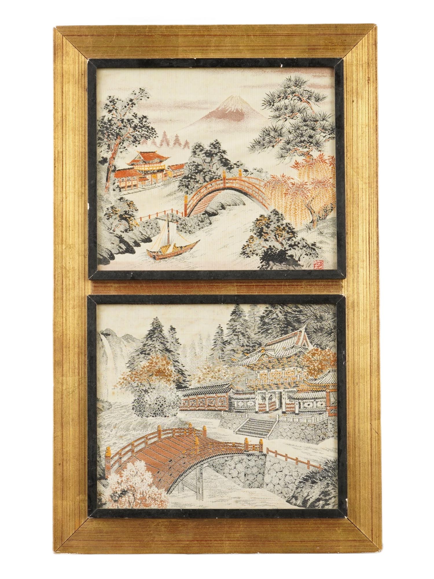 ANTIQUE JAPANESE LANDSCAPE DOUBLE TAPESTRY: An antique Japanese landscape double tapestry. Circa early to mid-20th century. Both tapestries depict traditional Japanese landscapes, including bridges, temples, and parkland, rendered in near-monoc