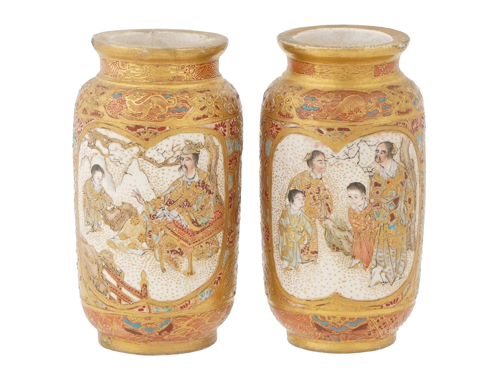 ANTIQUE JAPANESE MEIJI SATSUMA PAINTED PORCELAIN VASES (1 of 7)
