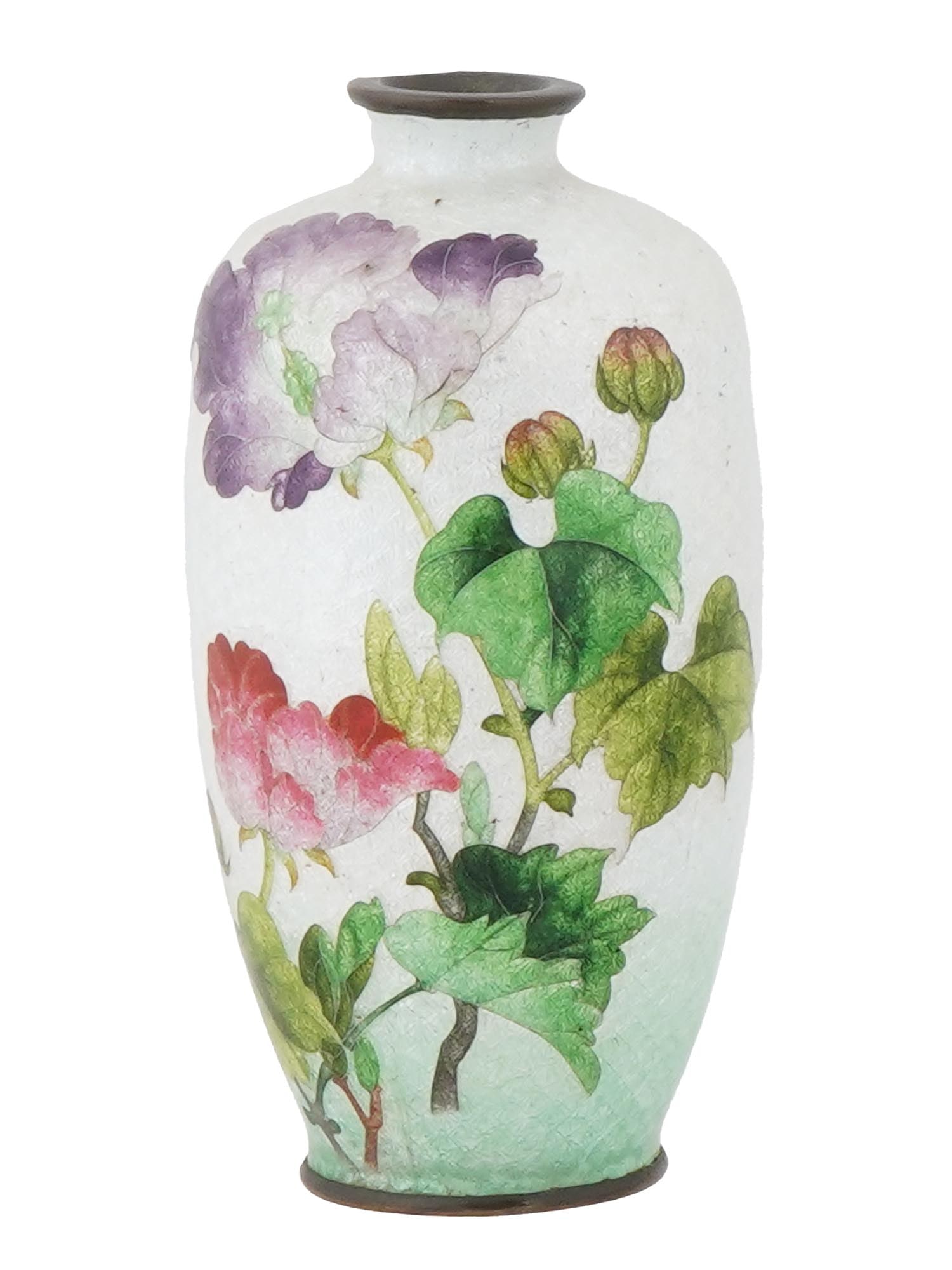 ANTIQUE JAPANESE MEIJI ERA GINBARI CLOISONNE VASE: An antique Japanese copper vase with polychrome ginbari cloisonne enamel decor. Late Meiji period, before 1912. Ovoid bottle shape. Decorated with pink and dark purple flowers, finished in the Art Nou