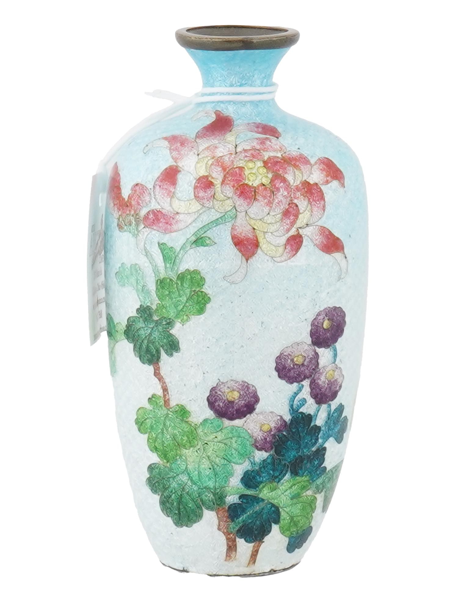 ANTIQUE JAPANESE CLOISONNE GINBARI FOIL FLORAL VASE: An antique Japanese, late Meiji era, Ginbari Foil cloisonne enamel over copper vase. The urn shaped vase is enameled with a polychrome image of blossoming flowers on the light blue ground made in the